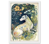 Artery8 White Greyhound Dog with Floral Pattern Fur Coat lying in Flower Field Modern Illustration Artwork Framed Wall Art Print A4 Artery8 White