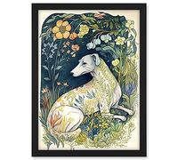 Artery8 White Greyhound Dog with Floral Pattern Fur Coat lying in Flower Field Modern Illustration Artwork Framed A3 Wall Art Print
