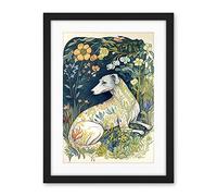 Artery8 White Greyhound Dog with Floral Pattern Fur Coat lying in Flower Field Modern Illustration Artwork Framed Wall Art Print 18X24 Inch