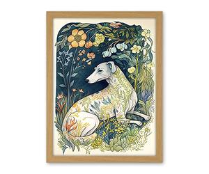 Artery8 White Greyhound Dog with Floral Pattern Fur Coat lying in Flower Field Modern Illustration Artwork Framed Wall Art Print 18X24 Inch