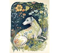 Artery8 White Greyhound Dog with Floral Pattern Fur Coat lying in Flower Field Modern Illustration Large Wall Art Poster Print Thick Paper 18X24 Inch