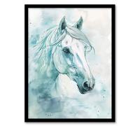Artery8 Framed Wall Art White Horse Portrait Light Blue Watercolour Print - 12X16 Inch