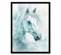 Artery8 White Horse Portrait Light Blue Watercolour Living Room Artwork Framed Wall Art Print A4