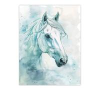 Artery8 Unframed Wall Art White Horse Portrait Light Blue Watercolour - 12X16 Inch