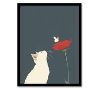 Artery8 White Kitten with Rose Butterfly Artwork Cute Framed Art Print in Grey | Size: W12" x H16" Artery8 Grey W12" x H16"