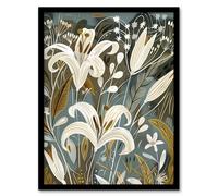 Artery8 White Lilies Flower Blooms Floral Artwork Framed Art Print in Grey | Size: W12" x H16" Artery8 Grey W12" x H16"