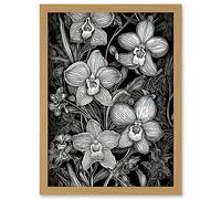 Artery8 White on Black Blooming Orchid Flower Plants Artwork Framed A3 Wall Art Print
