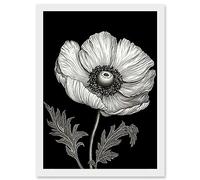 Artery8 White on Black Single Detailed Anemone Flower Artwork Framed A3 Wall Art Print