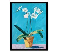Artery8 White Orchid Flower Pot Painting Framed Art Print in Blue | Size: A4 Artery8 Blue A4