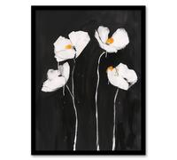 White Poppy Flowers on Black Bold Floral Painting Framed Art Print Artery8 Black A4