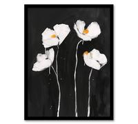 Artery8 White Poppy Flowers on Black Bold Floral Painting Living Room Artwork Framed Wall Art Print 18X24 Inch