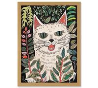 Artery8 White Ragdoll Cat in Garden Watercolour Folk Art Artwork Framed A3 Wall Art Print