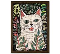 Artery8 White Ragdoll Cat in Garden Watercolour Folk Art Artwork Framed Wall Art Print A4