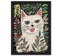 Artery8 White Ragdoll Cat in Garden Watercolour Folk Art Artwork Framed Wall Art Print A4 in Black Artery8 Black