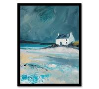 Artery8 White Scottish Cottage Coastal Hills Oil Painting Framed Art Print in Grey | Size: W12" x H16" Artery8 Grey W12" x H16"