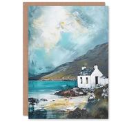 Artery8 White Scottish Cottage Loch Hills Oil Painting Greeting Birthday Card Him Her All Blank