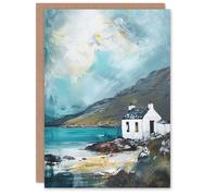 Artery8 White Scottish Cottage Loch Hills Oil Painting Greeting Birthday Card Him Her All Blank