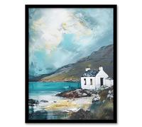 White Scottish Cottage Loch Hills Oil Painting Framed Art Print Artery8 Blue W12 inch x H16 inch