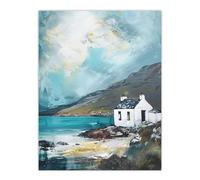 White Scottish Cottage Loch Hills Oil Painting Wall Art Print Artery8 Blue W24 inch x H32 inch
