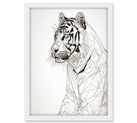 Artery8 White Tiger Line Drawing Polygon Stripes Pattern Artwork Framed A3 Wall Art Print