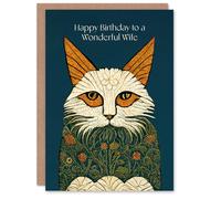 Artery8 Wife Happy Birthday Card Magnificent Moggie William Morris Style Elegant Retro Cat For Her Greeting Card