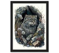 Artery8 Wild Cat in Rock Cavity with Wildflowers Detailed Watercolour Illustration Artwork Framed A3 Wall Art Print