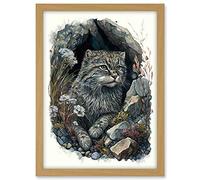 Artery8 Wild Cat in Rock Cavity with Wildflowers Detailed Watercolour Illustration Artwork Framed A3 Wall Art Print