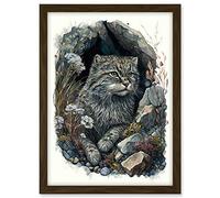 Artery8 Wild Cat in Rock Cavity with Wildflowers Detailed Watercolour Illustration Artwork Framed A3 Wall Art Print