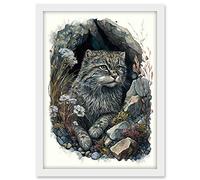Artery8 Wild Cat in Rock Cavity with Wildflowers Detailed Watercolour Illustration Artwork Framed A3 Wall Art Print