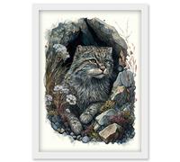 Artery8 Wild Cat in Rock Cavity with Wildflowers Detailed Watercolour Illustration Artwork Framed Wall Art Print A4 in White Artery8 White