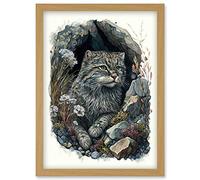 Artery8 Wild Cat in Rock Cavity with Wildflowers Detailed Watercolour Illustration Artwork Framed Wall Art Print A4