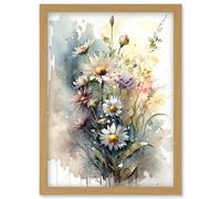 Artery8 Wild Flower Daisies in Bloom Modern Boho Watercolour Painting Artwork Framed Wall Art Print A4