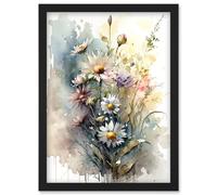 Artery8 Wild Flower Daisies in Bloom Modern Boho Watercolour Painting Artwork Framed Wall Art Print A4
