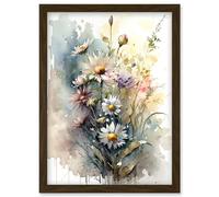 Artery8 Wild Flower Daisies in Bloom Modern Boho Watercolour Painting Artwork Framed Wall Art Print A4 in Brown Artery8 Brown