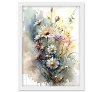 Artery8 Wild Flower Daisies in Bloom Modern Boho Watercolour Painting Artwork Framed Wall Art Print A4