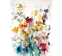 Artery8 Wild Flowers Abstract Watercolour Orange Red Purple Bright Floral Spring Field Large XL Wall Art Canvas Print