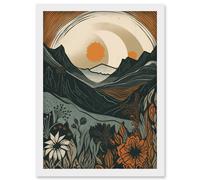 Artery8 Wild Flowers in Scottish Hills Sunrise Landscape Artwork Framed Wall Art Print A4 in White Artery8 White