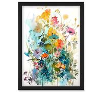 Artery8 Wild Flowers Watercolour Painting Rainbow Colour Bright Floral Spring Field Artwork Framed Wall Art Print A4