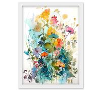 Artery8 Wild Flowers Watercolour Painting Rainbow Colour Bright Floral Spring Field Artwork Framed Wall Art Print A4