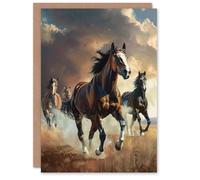 Artery8 Greeting Card Wild Horses Galloping Field Atmospheric Sunset Blank For All Him Or Her Art Birthday Card