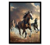 Artery8 Wild Horses Galloping Field Atmospheric Sunset Living Room Art Print Framed Poster Wall Decor 12x16 inch