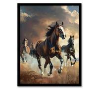 Wild Horses Galloping Field Atmospheric Sunset Framed Art Print Artery8 Brown A4