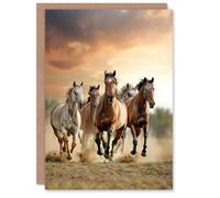 Artery8 Greeting Card Wild Horses Galloping Open Field Sunset Clouds Blank For All Him Or Her Art Birthday Card