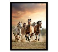 Wild Horses Galloping Open Field Sunset Clouds Framed Art Print Artery8 Brown A4