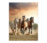 Wild Horses Galloping Open Field Sunset Clouds Wall Art Print Artery8 Brown W18 inch x H24 inch