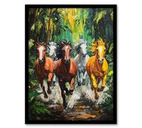 Artery8 Wild Horses Galloping Through Forest Oil Painting Framed Art Print in Green | Size: A4 Artery8 Green A4
