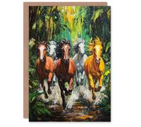 Artery8 Wild Horses Galloping Through Forest Oil Painting Greeting Card in Green Artery8 Green
