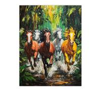 Artery8 Wild Horses Galloping Through Forest Oil Painting Wall Art Print in Green | Size: W24" x H32" Artery8 Green W24" x H32"