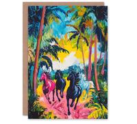 Artery8 Wild Horses Running in Hawaiian Island Forest Birthday Greeting Card in Green Artery8 Green
