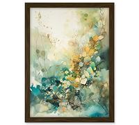 Artery8 Wild Plant Flora in Teal Blue and Orange Modern Watercolour Painting Artwork Framed A3 Wall Art Print